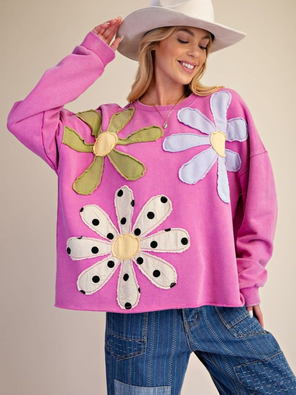 ETA 9/25 - Easel Plus Size Floral Patchwork Terry Knit Pullover in Dragon Fruit